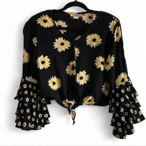 Vintage 90s Sunflower Tie Front Bell Sleeve Top Marnie West USA Size Large
